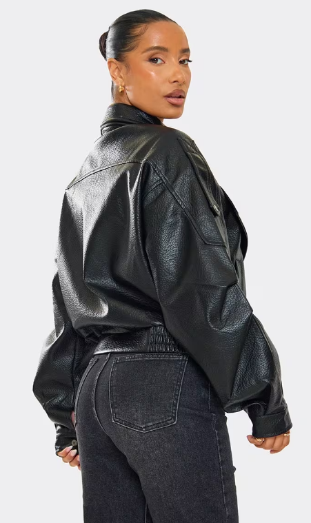 Long Sleeve Belted Biker Jacket In Black Faux Leather