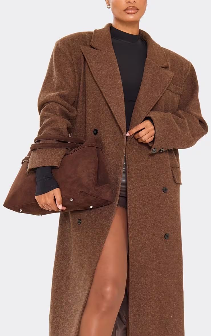 Oversized Textured Wool Look Maxi Coat In Chocolate Brown
