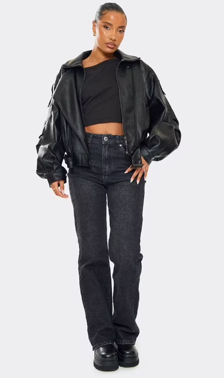 Long Sleeve Belted Biker Jacket In Black Faux Leather