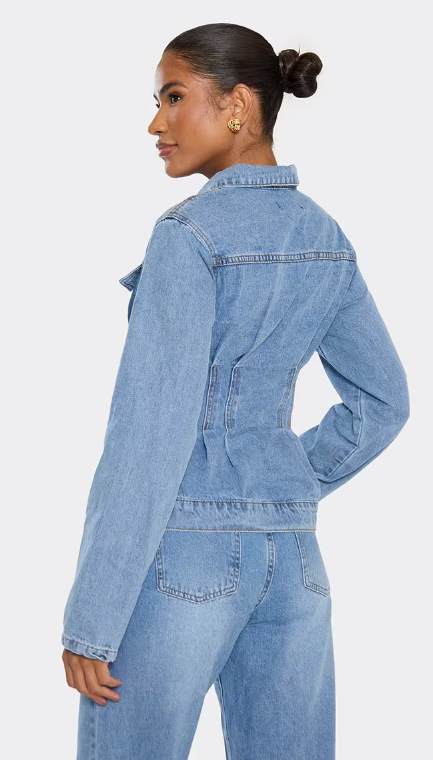 Long Sleeve Seam Detail Cinched Waist Jacket In Blue Wash Denim
