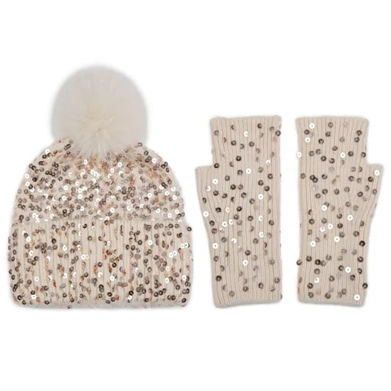 PEACH ACCESSORIES Sequin Balaclava Pompom Hat and Gloves Set