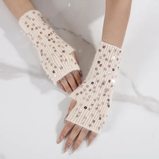 PEACH ACCESSORIES Sequin Balaclava Pompom Hat and Gloves Set