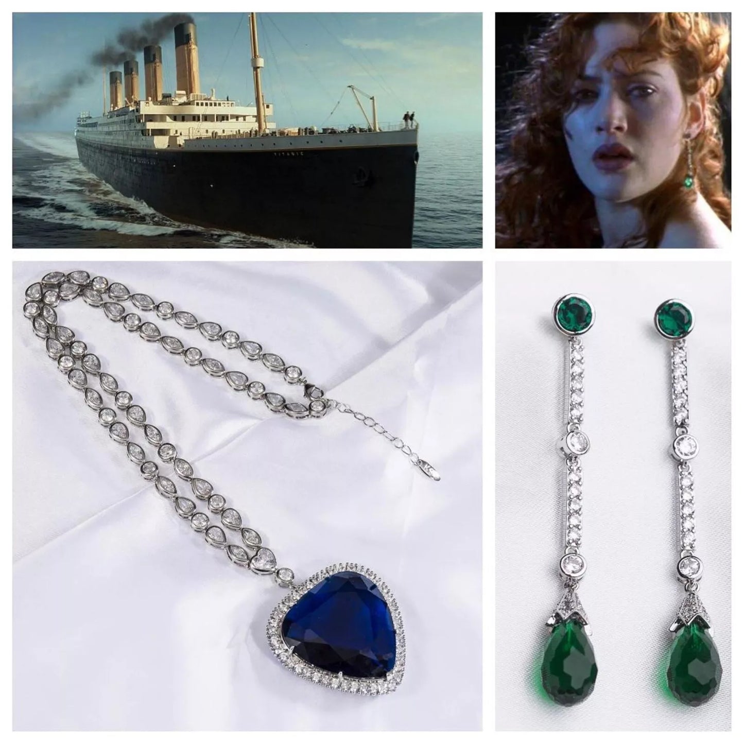 Titanic Heart of The Ocean Necklace & Earring Set with Blue & Green Crystals 18”